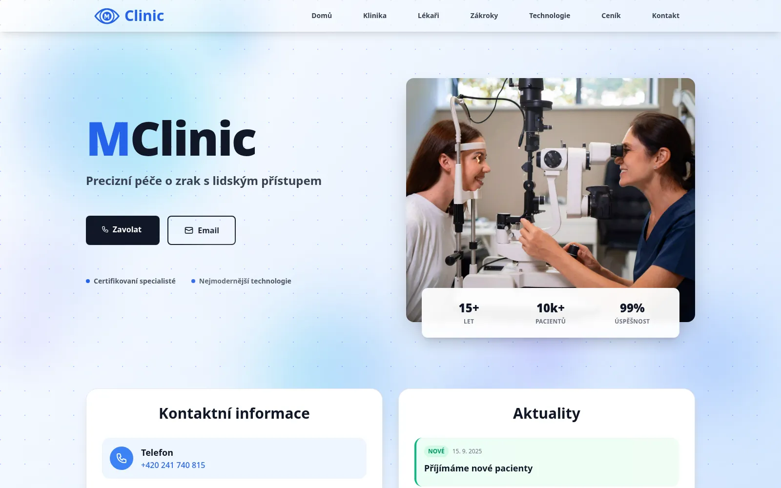 Úvodní stránka oční kliniky Clinic M s ordinačními hodinami a kontaktem na prvním místě.