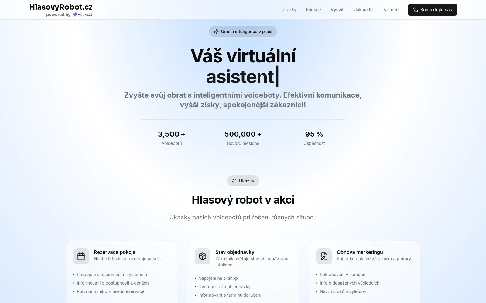 Úvodní stránka Hlasového robota vysvětlující hlasového robota, který zvedá příchozí hovory.