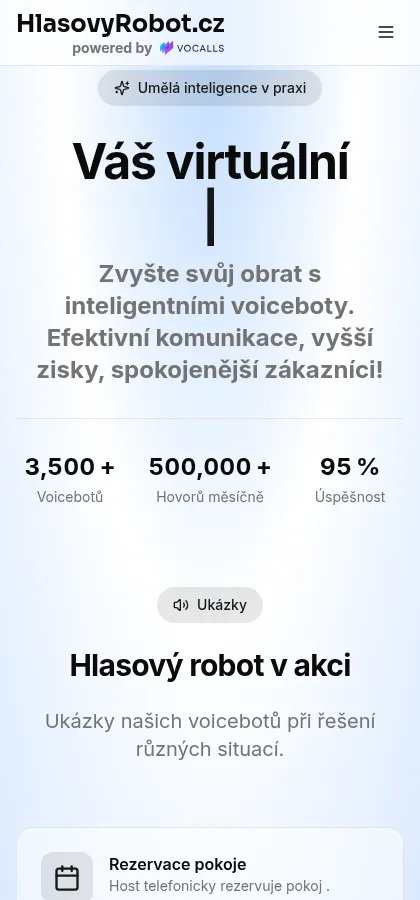 Stejná stránka HlasovyRobot.cz v šířce 420 pixelů, tak jak ji návštěvník vidí na mobilu.