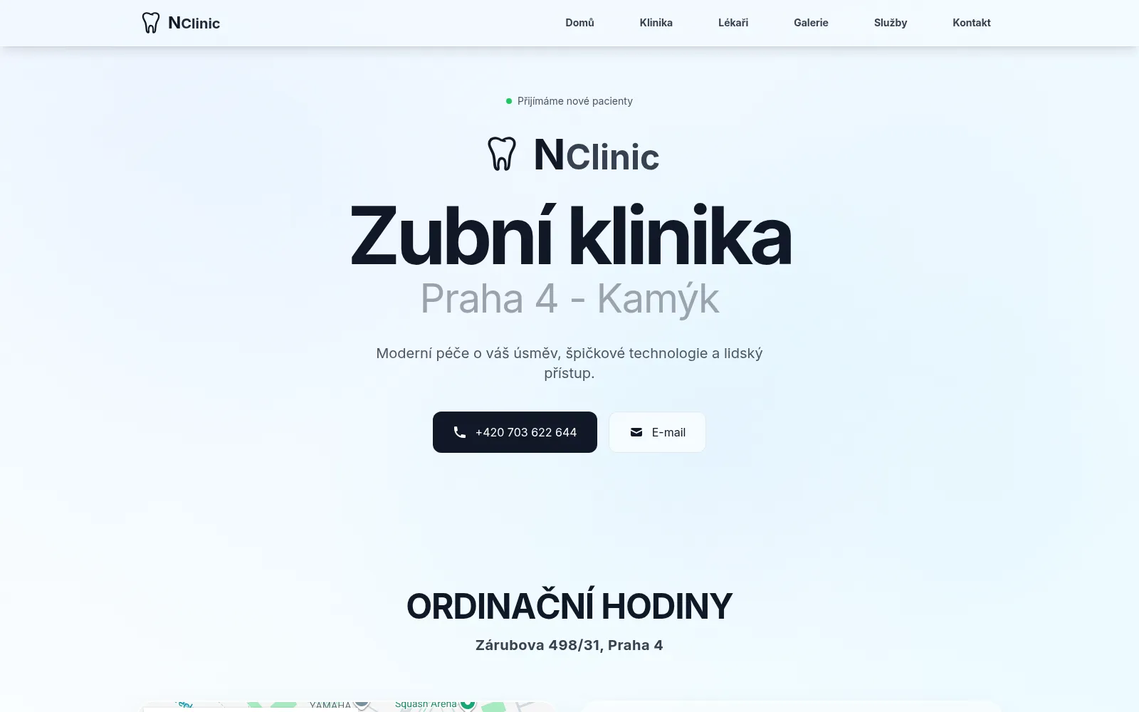 Úvodní stránka zubní kliniky Nclinic s přehledem ošetření a kontaktními údaji.