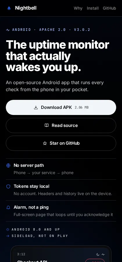 Stejná stránka NightBell.app v šířce 420 pixelů, tak jak ji návštěvník vidí na mobilu.