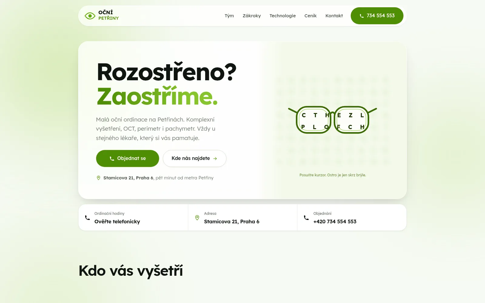 Úvodní stránka oční ordinace Oční Petřiny představující ordinaci a její diagnostiku.
