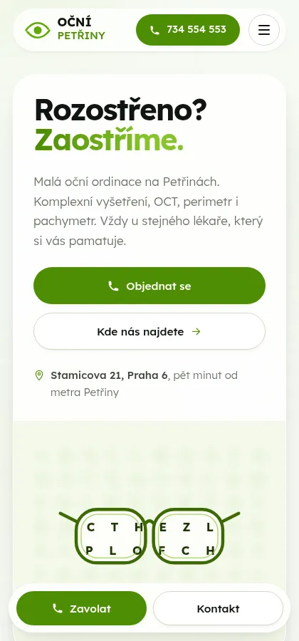 Stejná stránka OcniPetriny.cz v šířce 420 pixelů, tak jak ji návštěvník vidí na mobilu.