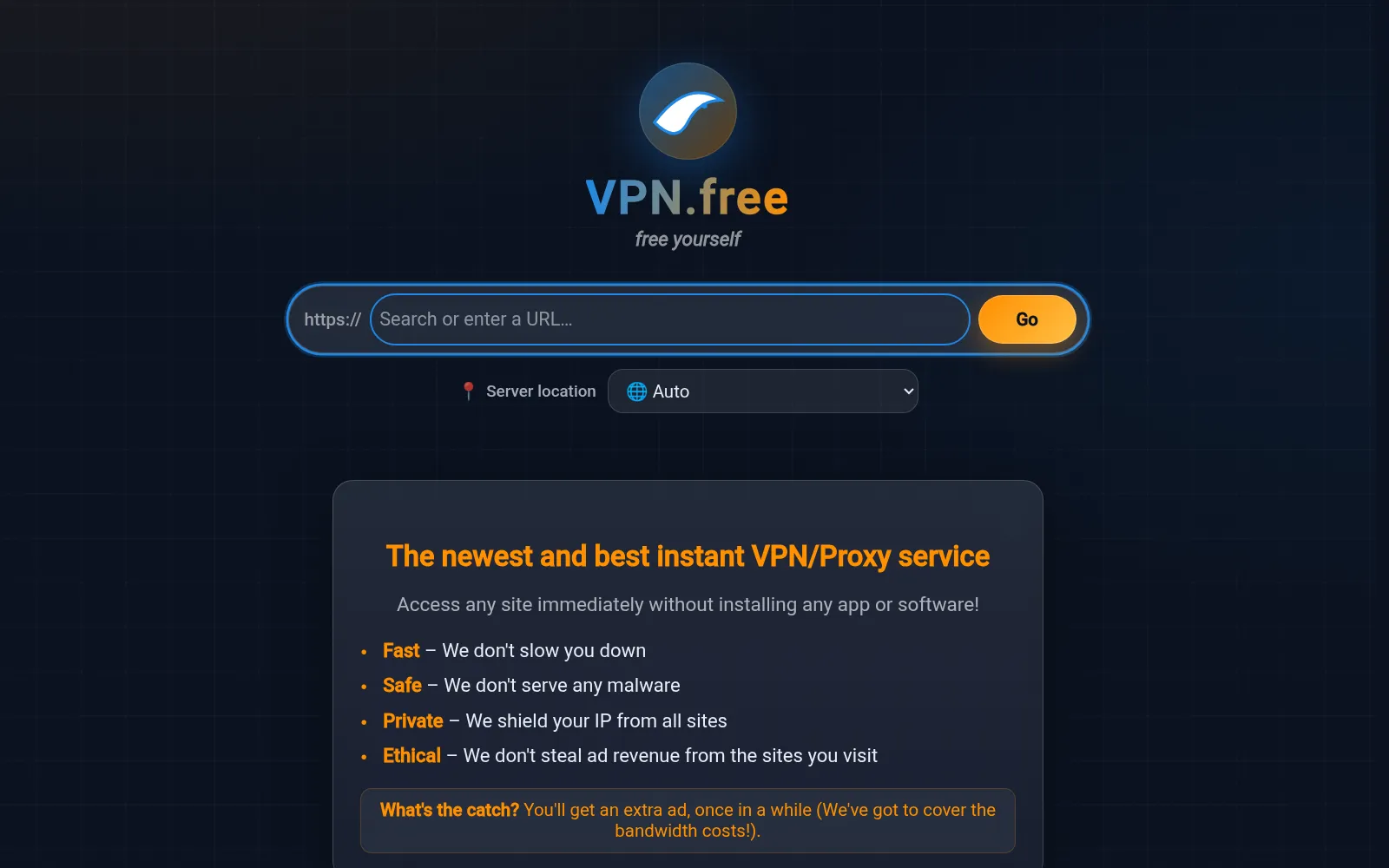 Úvodní stránka VPN.free: jedno pole pro adresu s tlačítkem Go a výběrem lokality serveru.