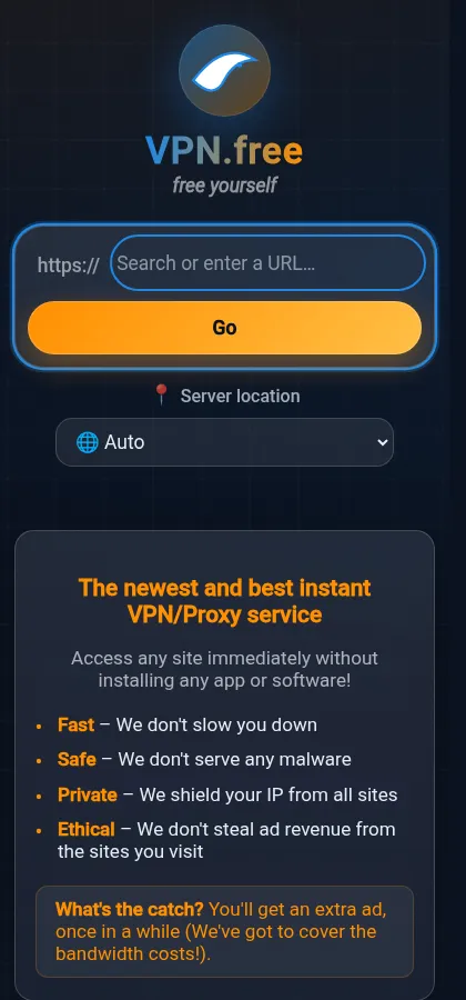 Stejná stránka VPN.free v šířce 420 pixelů, tak jak ji návštěvník vidí na mobilu.